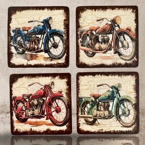Handmade Distressed Vintage Motorcycle Wood Coasters - Set of 4
